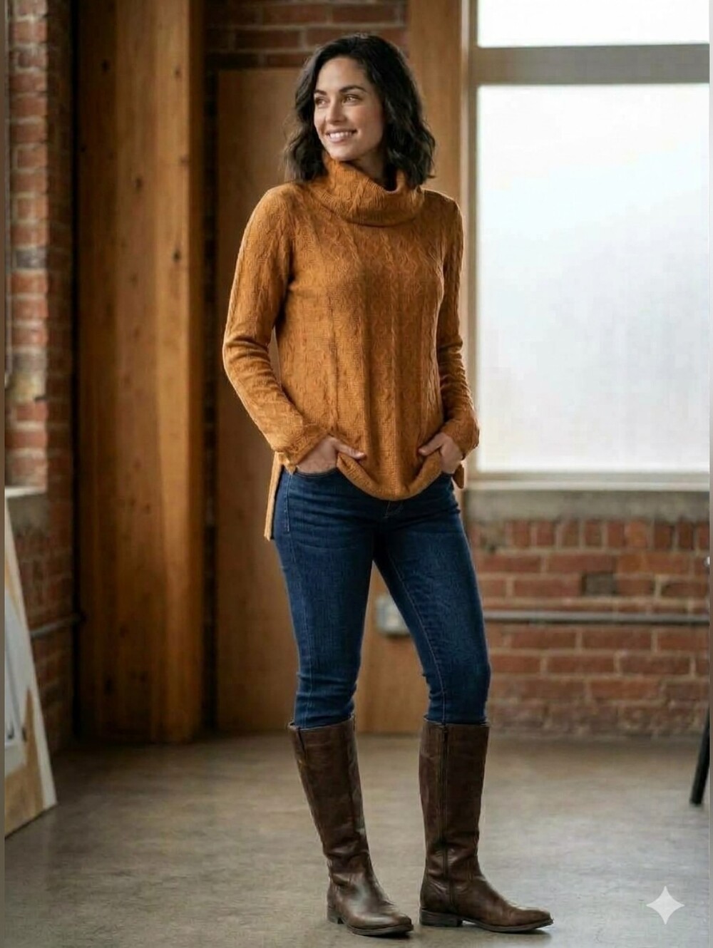 PURE Essence Women's Turtleneck Cable Knit Swing Sweater Mustard Brown Size: Med